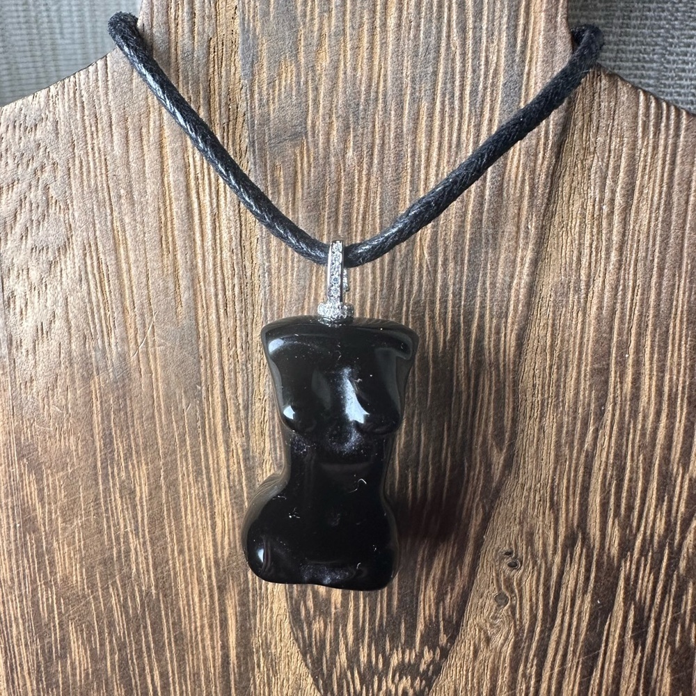 Black Obsidian Lady Body Pendant Necklace on Black Rope, Sterling Silver Bail - Picture 12 of 14